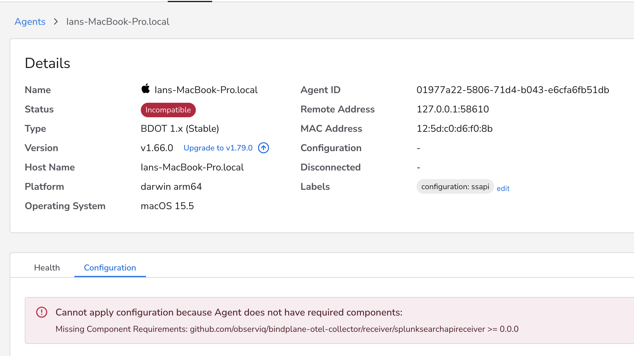 Bindplane - docs - Incompatible Agent