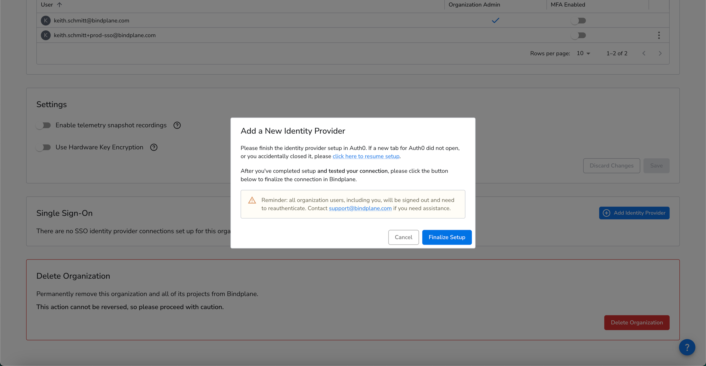Finalizing SSO setup in Bindplane