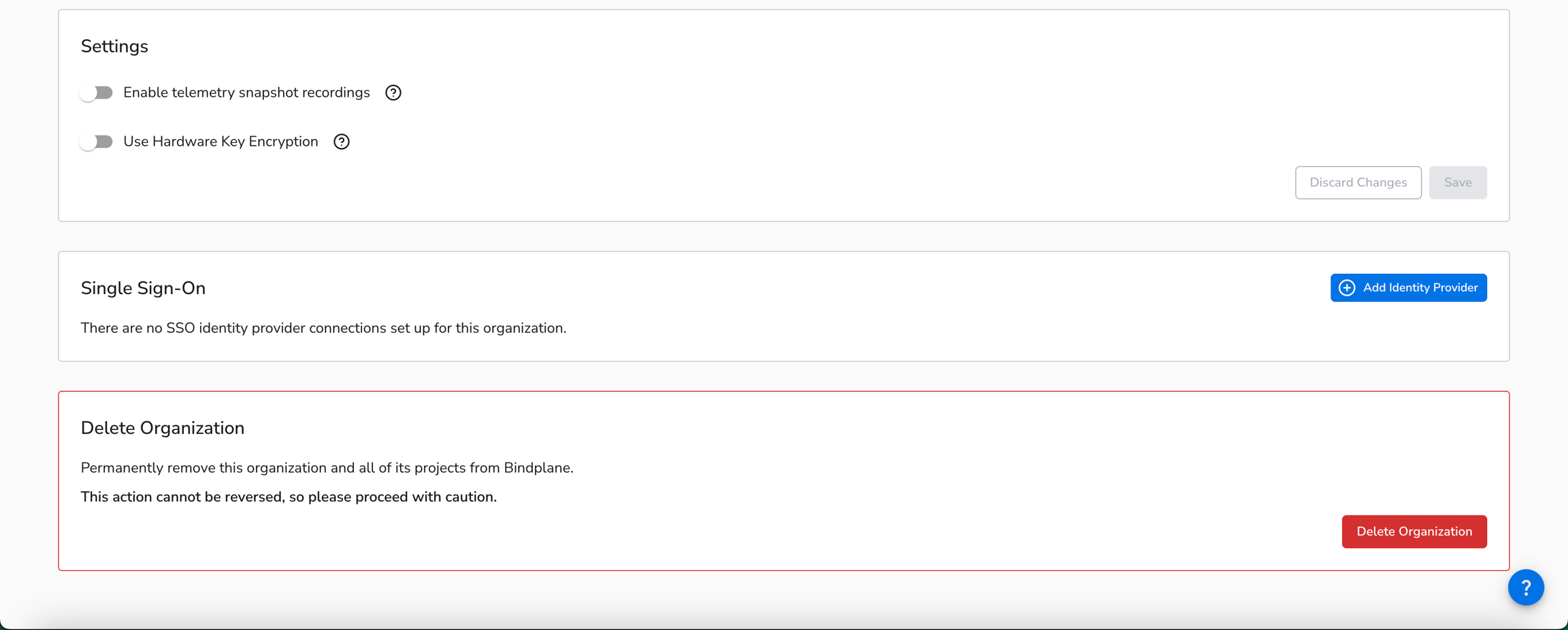 Single Sign On configuration section in organization settings