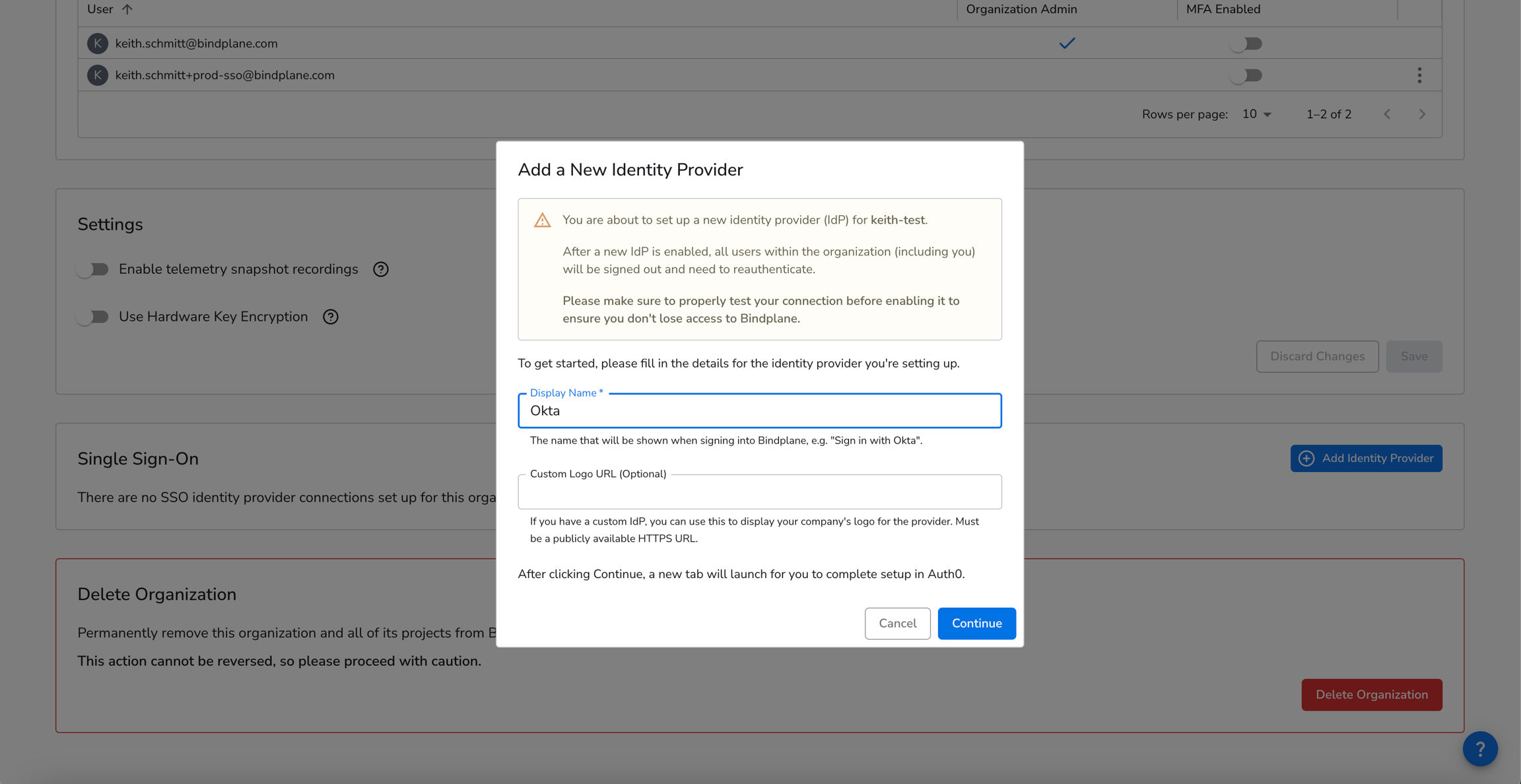 Naming your SSO connection in Bindplane