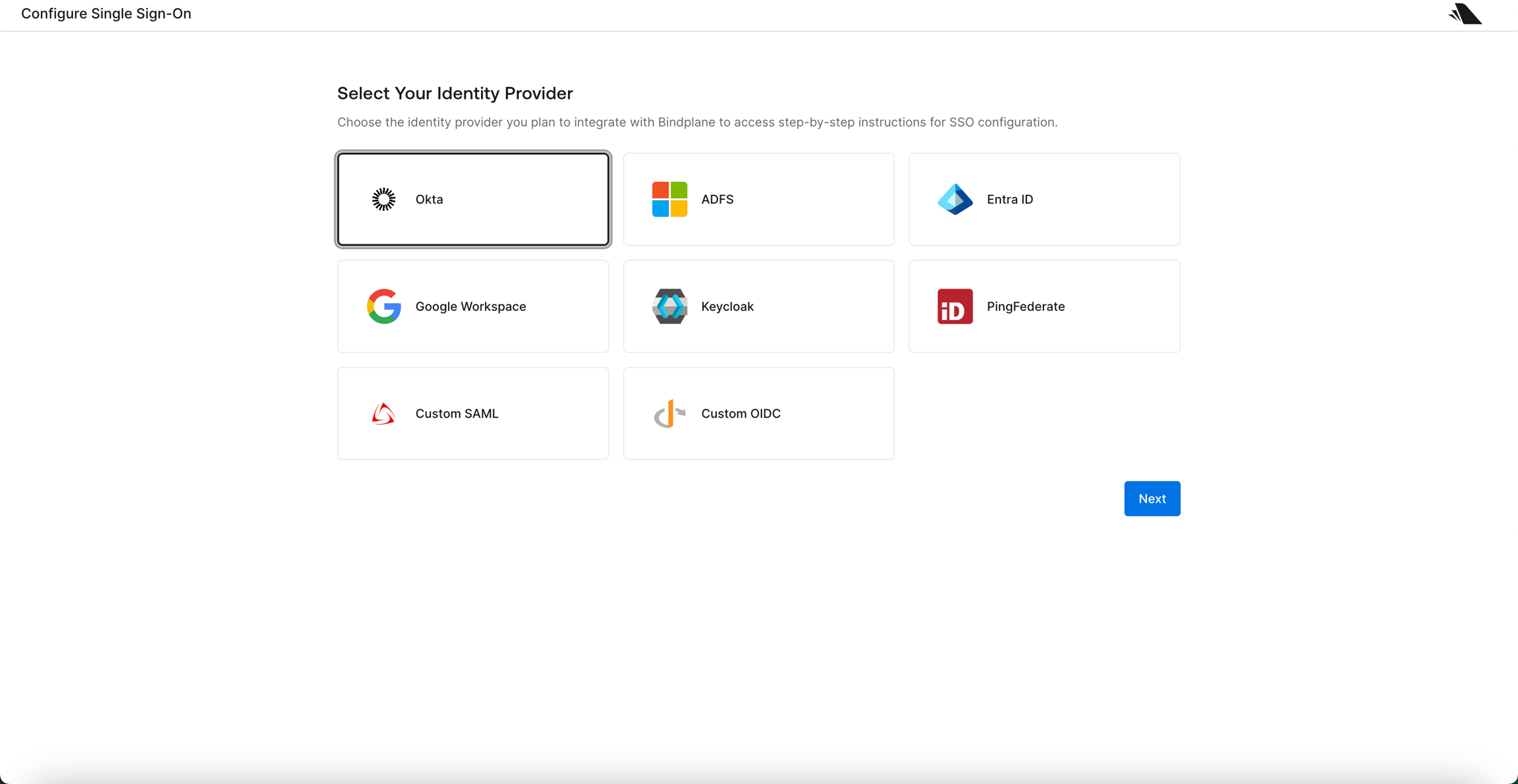 Selecting your Identity Provider in Bindplane